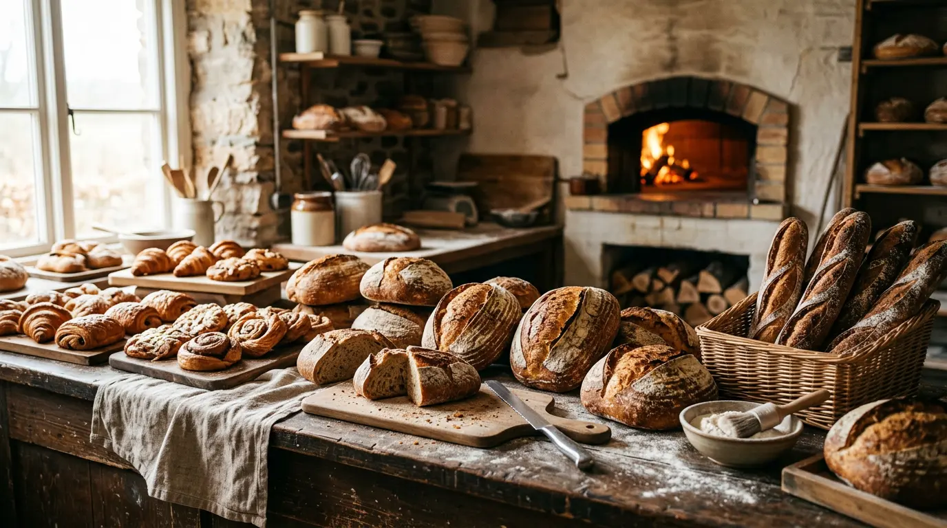 Mostrador de La Espiga con hogazas, baguettes y bollería recién horneadas
